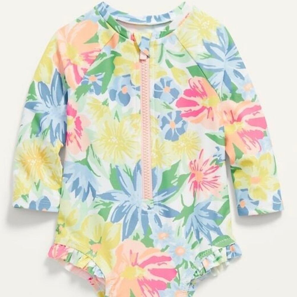 Old Navy One Piece Pastel Floral Long Sleeve Baby Swimwear, Size 3-6 Months - Picture 1 of 6